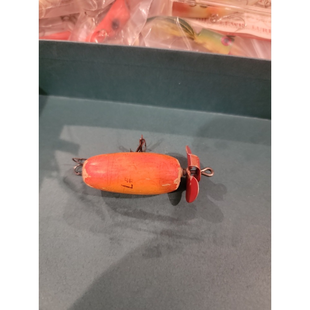 Vintage Wooden Propeller Fishing Lure Unmarked 2 Hook Orange Red Topwater...